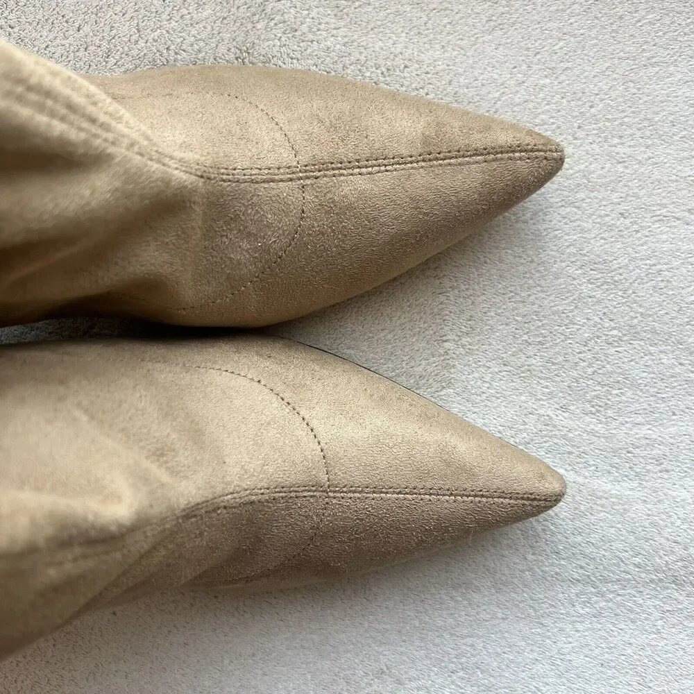 Marc Fisher LTD Larry Sock Ankle Boot Women 9 M Tan Faux Suede Pointed Toe Block - Picture 6 of 15